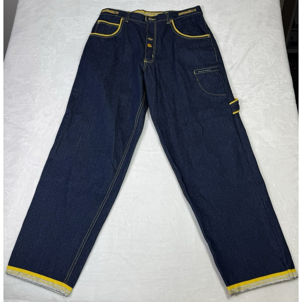 Heaven Or Hell Baggy Blue Jean Hip Hop Y2k Streetwear Vintage Mens 36 SUPER RARE